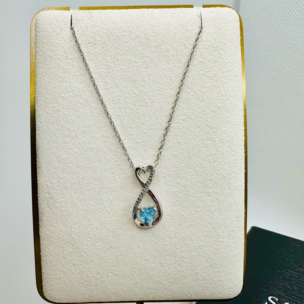 NEW! 925 Sterling Silver Heart-Shaped Blue Topaz & Diamond Infinity Pendant - Picture 4 of 12